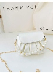 1pc Fashionable Sweet Pearl Chain Shoulder Messenger Bag Fashionable Pleated Underarm Bag Korean Version Of Hand Held Cute Girl Bag Pu Pleated Design Pearl Handbag High Grade Solid Matching Suitable F