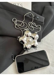 قطعة واحدة حقيبة جانبية معدنية شكل زهرة بلون أحادي لفتاة، إغلاق بإبزيم، سيور كتف معدنية، راقية وأنيقة، مريحة