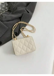 1pc Diamond Chain Small Bag Girl s Crossbody Bag Fashionable Mini Embroidery Simple One Shoulder Small Square Bag Pu Material Lock Closure Suitable For Girls Daily Use Attending Parties Going Out Shop