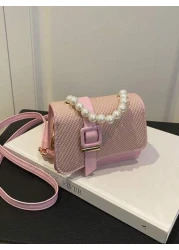 1pc Pu Fashion Splicing Pearl Chain Handbag Korean Princess Fashion Small Square Bag Flip Magnetic Buckle Closure Strap Decoration Niche Design Suitable For Daily Use When Shopping Sweet And Literary