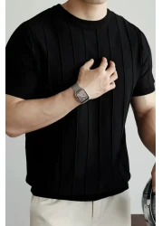 COOL TARZ تي شيرت محبوك برقبة دائرية للرجال باللون الأسود الحي