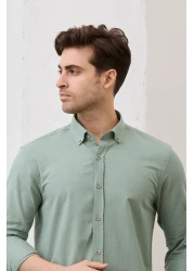 RAVANELLI Sarte - Men's Khaki Slim Fit Slim Fit Button Collar Linen Look 100% Cotton Flared Shirt