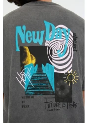  Collection Anthracite Crew Neck Oversize Printed T-Shirt - Short Sleeve, Acid Washed Tmnss22Ts0838