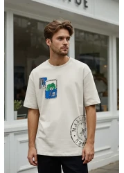 Collection Ecru Oversize/Wide Cut Tropical Printed 100% Cotton T-Shirt Tmnss25Ts00219