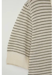  Collection Limited Edition Beige - Khaki Striped Relaxed Short Sleeve Polo Neck Knitwear T-Shirt Tmnss23Po00026