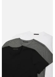 Collection Black-Anthracite Melange-White Slim Fit Crew Neck 100% Cotton 3-Pack T-Shirt - TMNSS19BO0007