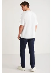 GRIMELANGE Vıto Men's - Embroidery Text Detailed, 100% Organic Cotton, Oversize Short Sleeve White T-Shirt