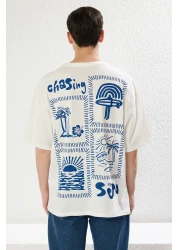 Trendyol Collection Unisex Ecru Oversize Printed Cotton T-Shirt - Tmnss25Ts00031