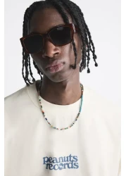 The Champ Clothing Crew Neck Peanuts Records Printed Oversize White Men's T-Shirt