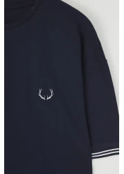  Collection Navy Blue Embroidered Oversize Knitwear T-Shirt - Tape Detail, Textured Tmnss25Ts00019
