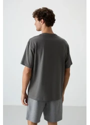 Air Jones Dark Gray Cotton Thick Surface Textured Oversize Fit Printed Men's T-Shirt - 88364