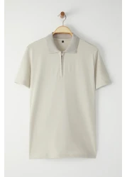  Collection Stone Regular/Normal Cut Zippered 100% Cotton Polo Neck T-Shirt
