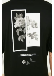  Collection Black Oversize/Wide Cut Crew Neck Back Printed 100% Cotton Short Sleeve T-Shirt Tmnss21Ts1223