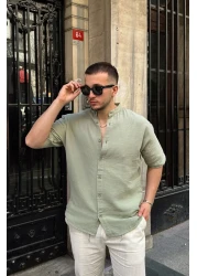 Livio Ferri قميص Mingan رجالي صيفي من القطن بياقة واسعة وأكمام قصيرة وأزرار مريحة