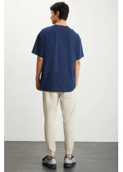 GRIMELANGE RAMADANP007 Men's 100% Cotton Crew Neck Printed Navy Blue T-Shirt