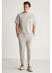 GRIMELANGE Cody Men's - Gray Organic Cotton T-Shirt, Embroidery and Printed, Thick Fabric Regular Fit