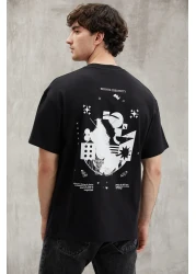 GRIMELANGE Bowen Men's 100% Cotton Crew Neck Printed Detailed Black T-shirt