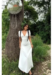 FMN Moda V-Neck Wide-Sleeved Skirt - Bow and Stitching Detail