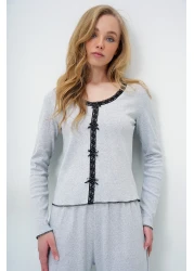 Trend Alaçatı Stili Grimelanj Wide Collar Scallop Detailed Bow Embroidered Blouse and Palazzo Pants Pajamas Suit Alc-X14066