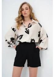 Trend Alaçatı Stili Women's Black-Beige Double Cuffed Leaf Patterned Woven Shirt Alc-X13785
