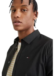 Tommy Hilfiger Men's Brand Logo Stretch Cotton Half-Lined Collar Stylish Looking Black Shirt Suitable for Daily Use