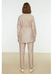  Modest Beige Tie Waist Shirt-Pants Woven Suit TCTSS21AU0237