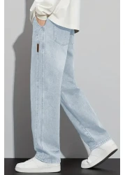 THE RULE الرجال الضوء الأزرق فضفاض الخصر مطاطا ليكرا مستقيم الساق فضفاضة تناسب بسط جان الدينيم الجينز السراويل Rf0484