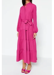  Modest Dark Pink Belted Chief Collar Button Detail Woven Dress TCTSS21EL3343