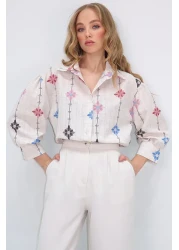 Trend Alaçatı Stili Women's Beige-Lilac Princess Floral Print Flamed Linen Woven Shirt Alc-X10398