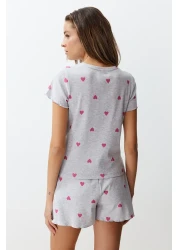  Collection Heart-Printed Grey Melange Slogan Pajama Shorts Set - THMSS24PT00220