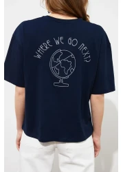  Collection Navy Blue 100% Cotton Back Embroidered Relaxed/Wide Relaxed Cut Crew Neck Knitted T-Shirt TWOSS20TS0121