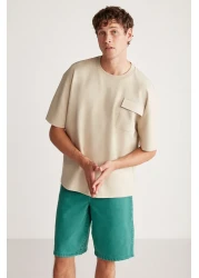 GRIMELANGE Artur Men's Thick Special Textured Fabric Beige T-shirt with Pockets