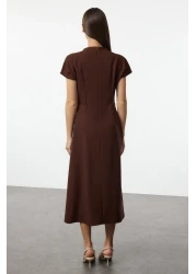  Collection A-Line Midi Dress - Brown, Degaje Collar, Crepe Woven Twoaw25El00393