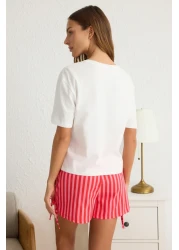  Collection White-Pink 100% Cotton Striped Lacing Detail Shorts Knitted Pajamas Set Thmss25Pt00145