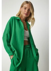 Happiness İstanbul Women's Green Linen Shirt Baggy Trousers Set DZ00080