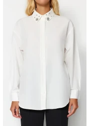  Collection Ecru Oversize Woven Shirt with Stone Collar Detail TWOAW24GO00168