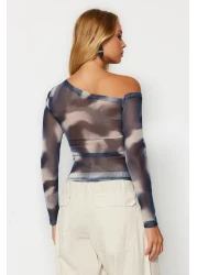  Collection Petrol Abstract Pattern Tulle Lined Asymmetric Collar Knitted Blouse Twoaw24Bz00051