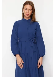  Modest فستان منسوج بحزام وطية صدر السترة وأزرار من Saks TCTSS21EL3343