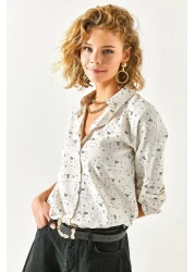 Olalook قميص كتان نسائي بيج بأكمام منقوشة بالزهور GML-19000825