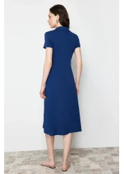  Collection Navy Blue Polo Neck Skater/Waist Opened Cotton Stretchy Knitted Midi Dress TWOSS24EL00480