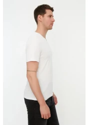  Collection تي شيرت أبيض بقصة ضيقة ورقبة على شكل حرف V - 100% قطن، كم قصير TMNSS19BO0002