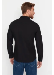  Collection قميص أسود بقصة ضيقة مع كتاف - كم طويل، 100% قطن، TMNSS20GO0189