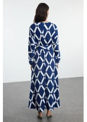  Modest فستان منسوج مجعد باللون الأزرق الداكن - تفاصيل الحزام TCTSS24EB00233