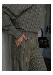 minaaise Women's Green Striped Wide Cut Viscose Fabric Shirt and Pants Bottom/Top Suit 29046