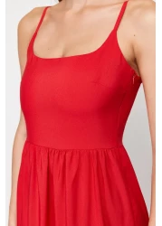  Collection تنورة حمراء مفتوحة الخصر من مزيج القطن فستان ماكسي منسوج TWOSS24EL00386