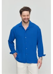 Gray Clothing قميص رجالي صيفي فضفاض من الكتان النيلي Ayrobin فضفاض مناسب للصيف