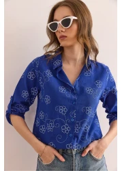 Olalook Women's Ivy Saks Blue Sleeve Fold Linen Shirt Gml- 19000825