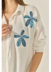 Bianco Lucci Women's Leaf Bead Embroidered Aerobin Oversize Shirt 60283024