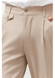  Collection Beige Italian Cut Pleated Classic Double Leg Fabric Trousers Tmnss24Pl00022