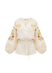 Lavanta Tekstil قميص مزين بالزهور ومطرز بتفاصيل جلد